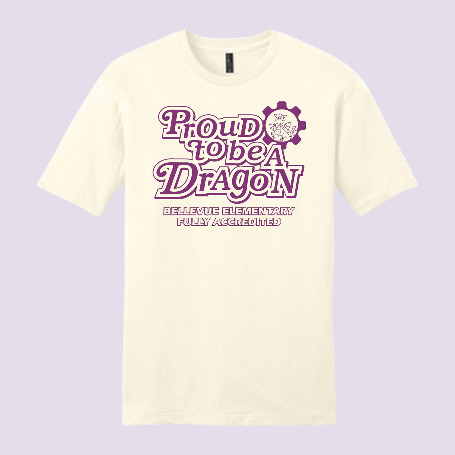 White T-shirt with purple text that says "Proud to be a Dragon" and a small dragon inside a gear icon, with additional text "Bellevue Elementary Fully Accredited."