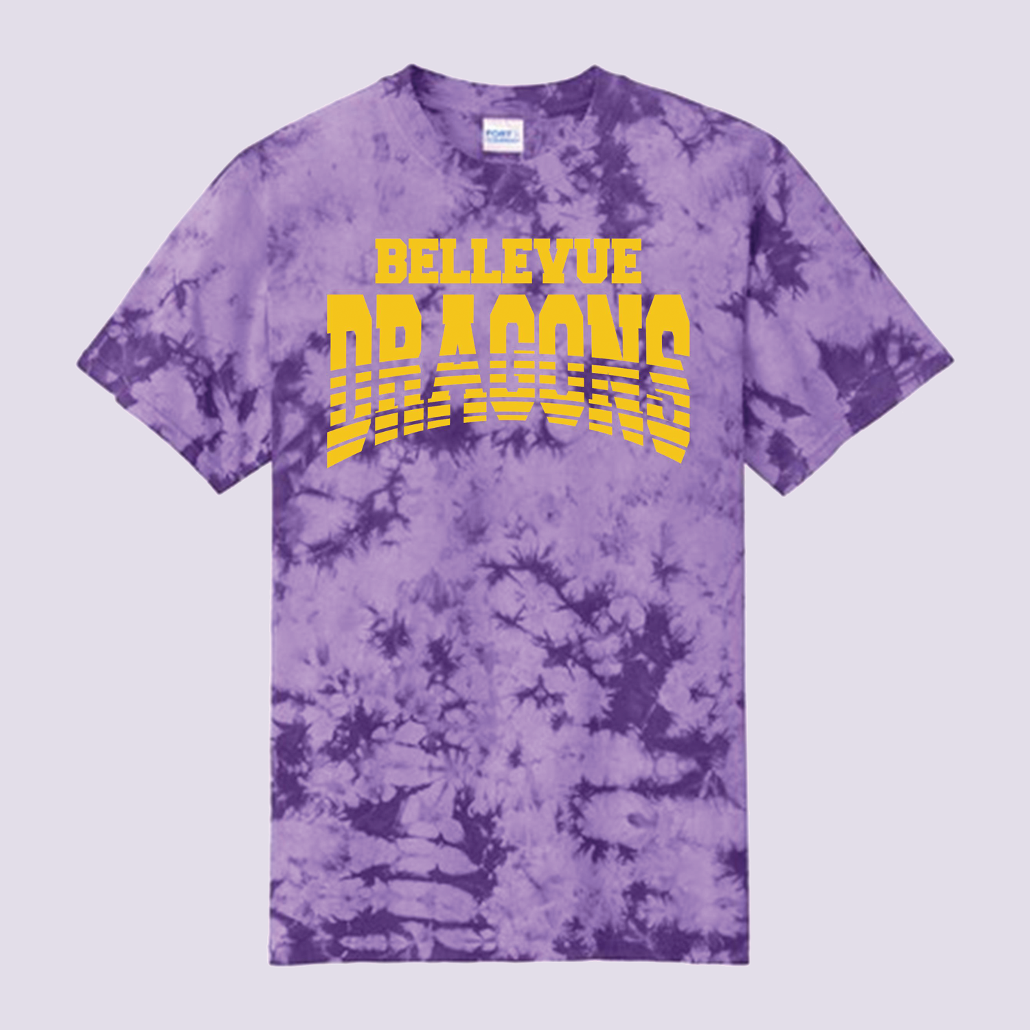 Purple tie-dye t-shirt with yellow text that says 'BELLEVUE DRAGONS' in large, bold letters.