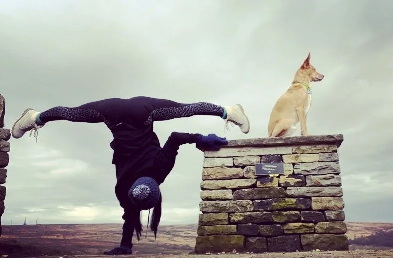 Person doing a handstand on a stone platform next to a sitting dog on top of the platform, outdoors with cloudy sky.