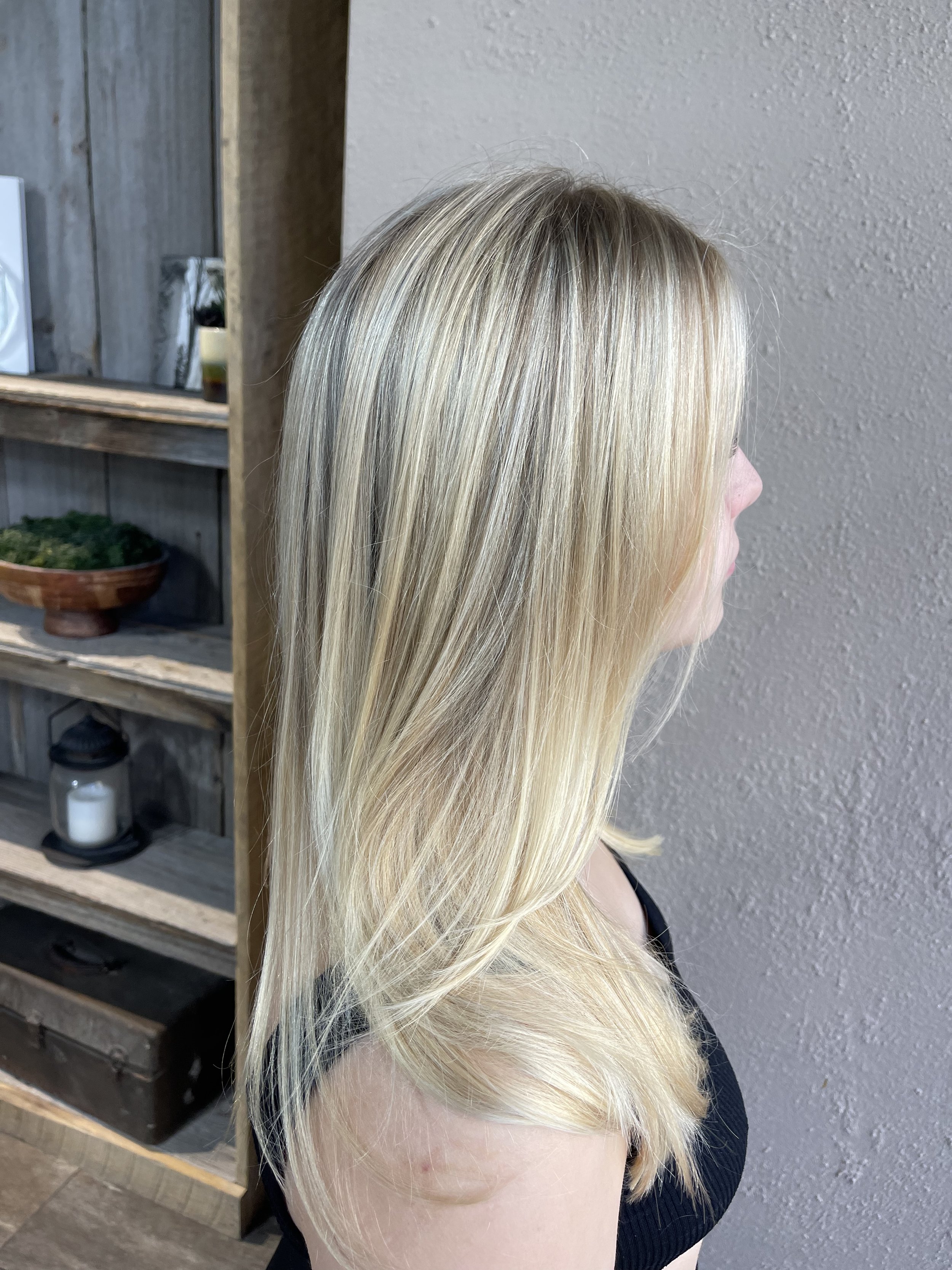 girl with bright blonde highlights