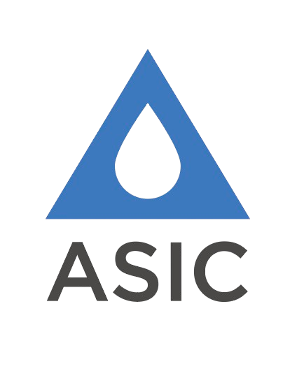 Logo of a blue triangle with a droplet shape inside and the text 'ASIC' below.