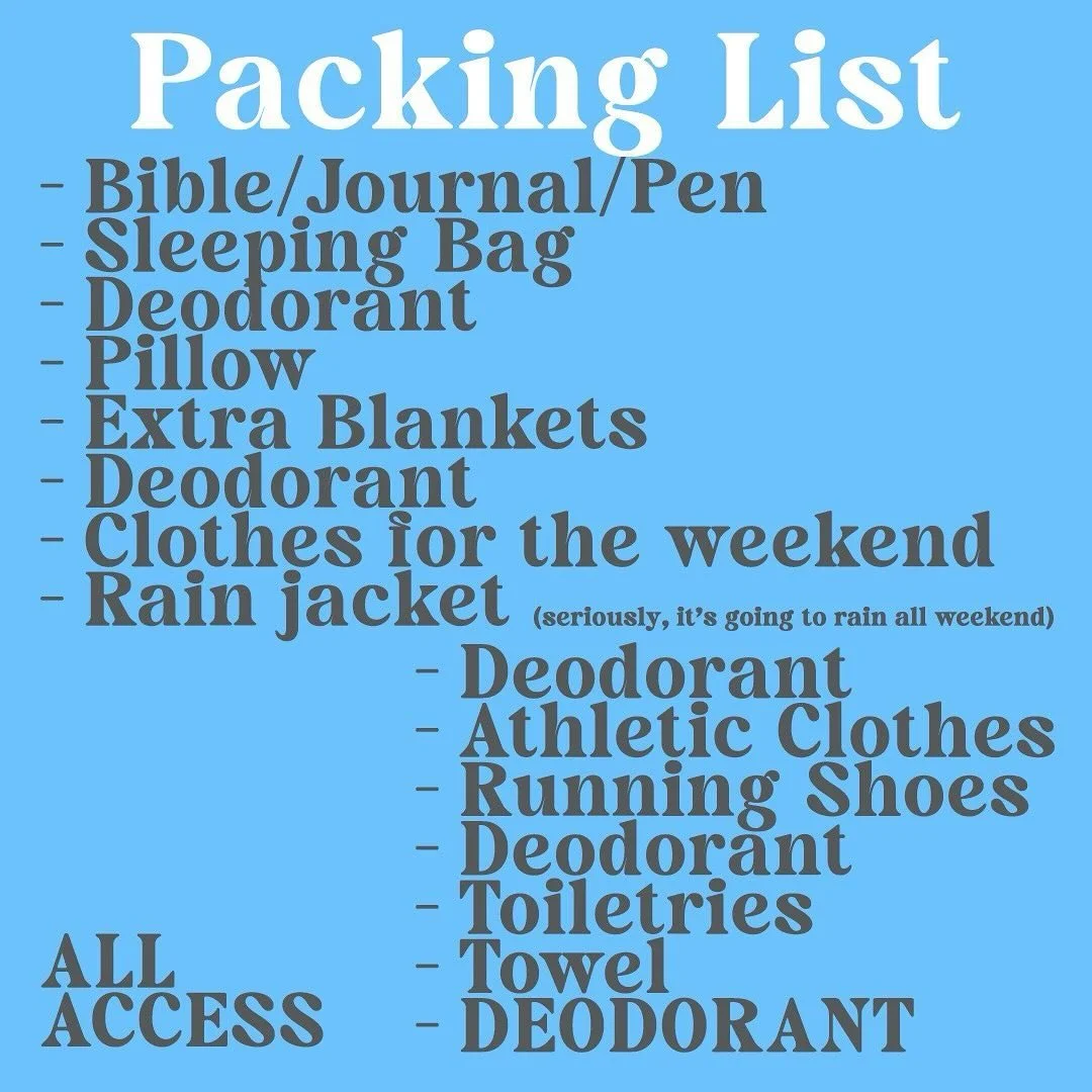 Reminder. No youth tonight we will be back next Tuesday!

Start packing for retreat and see you Friday!