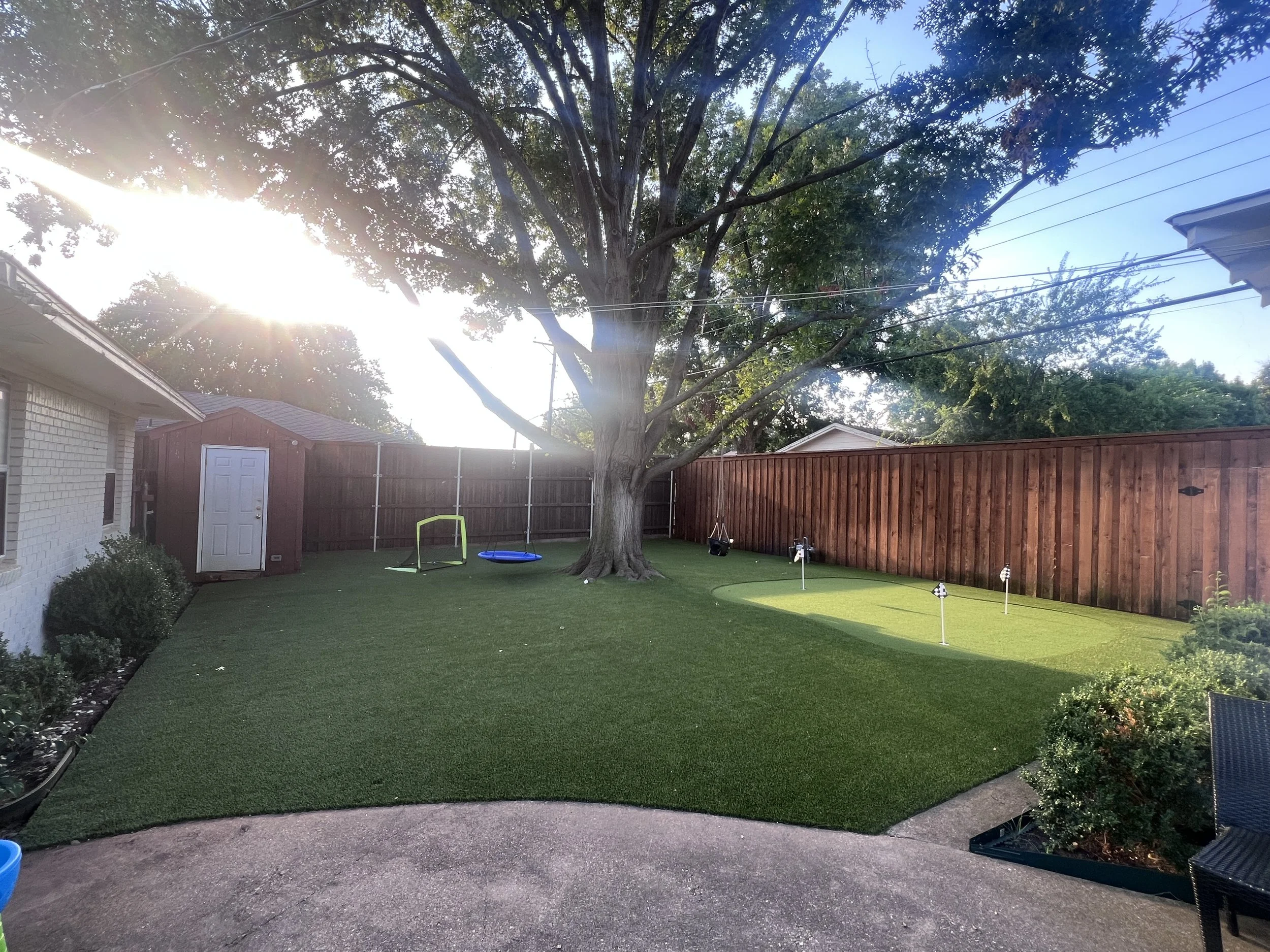 Backyard with a large tree, a well-maintained lawn area, a wooden fence, a small shed, and outdoor toys including a swing set, a circular trampoline, and a putting green with flags and golf balls, with sunlight shining through the trees.