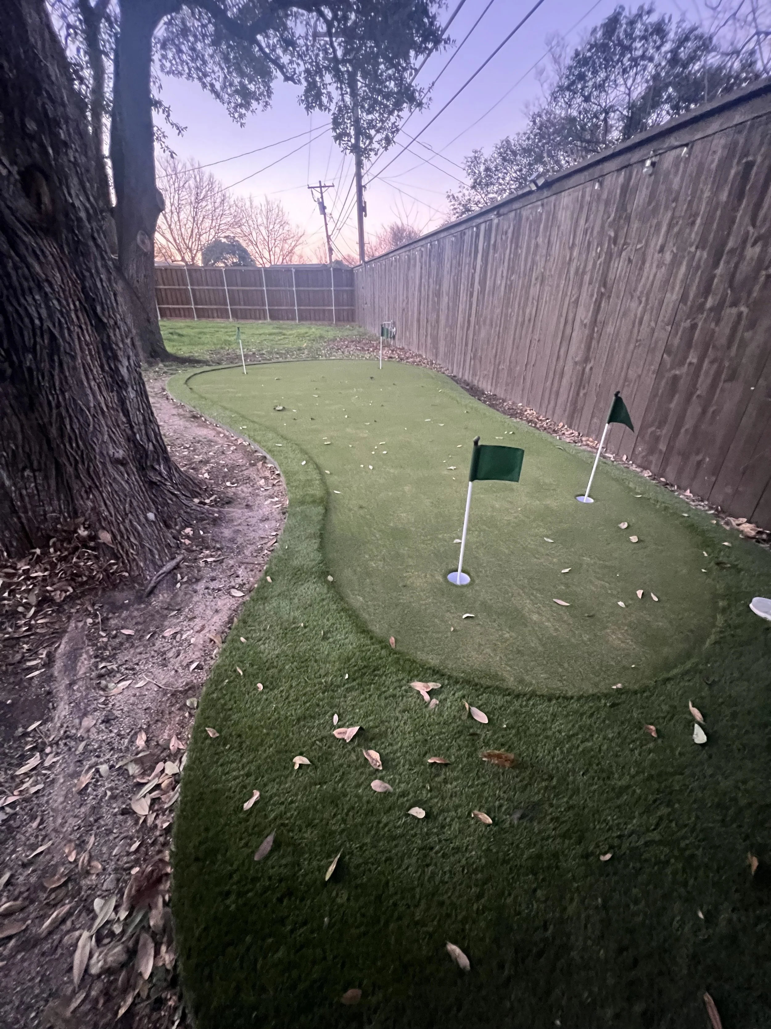 A small backyard putting green with four flags, surrounded by a wooden fence and trees, during dusk.