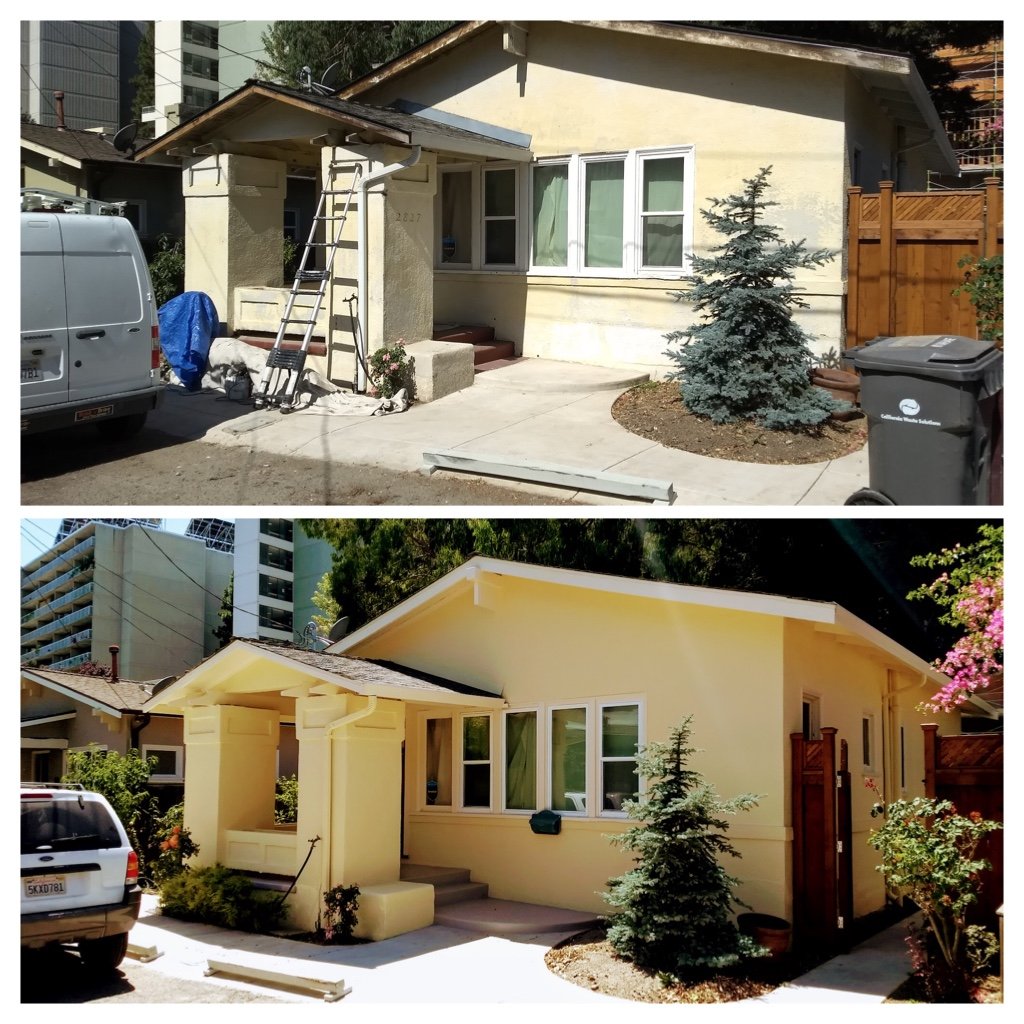 Exterior house painting project showing refreshed siding and trim on a residential home in Oakland, CA.