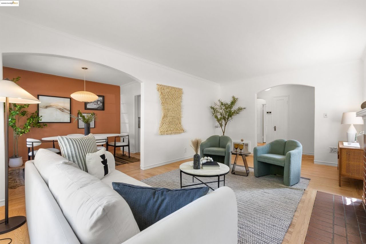 The ceiling, walls, and trim got a fresh coat of white paint in this living room in the Oakland Hills.