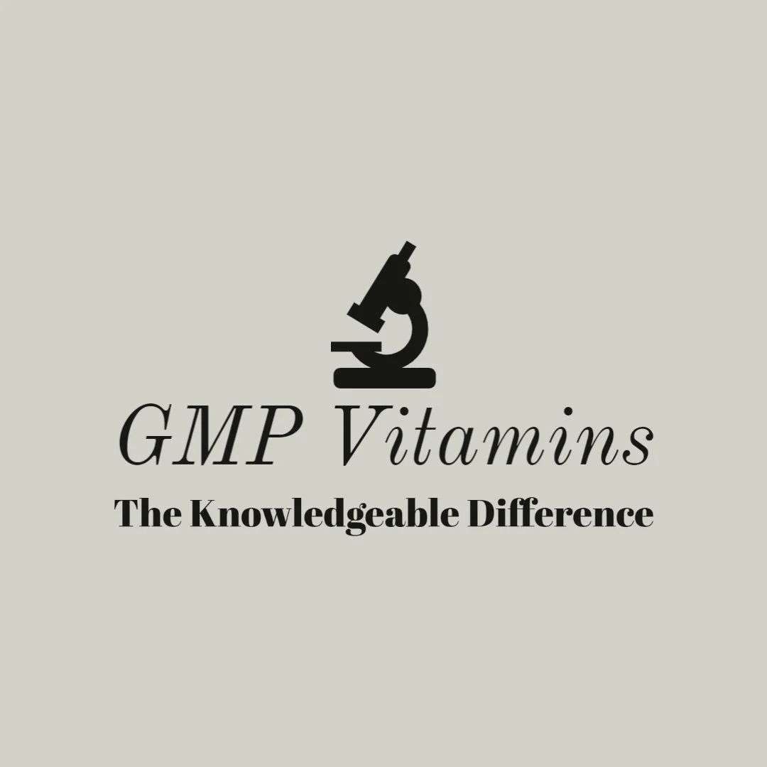 GMP Vitamins logo with a microscope icon and the text 'GMP Vitamins: The Knowledgeable Difference'