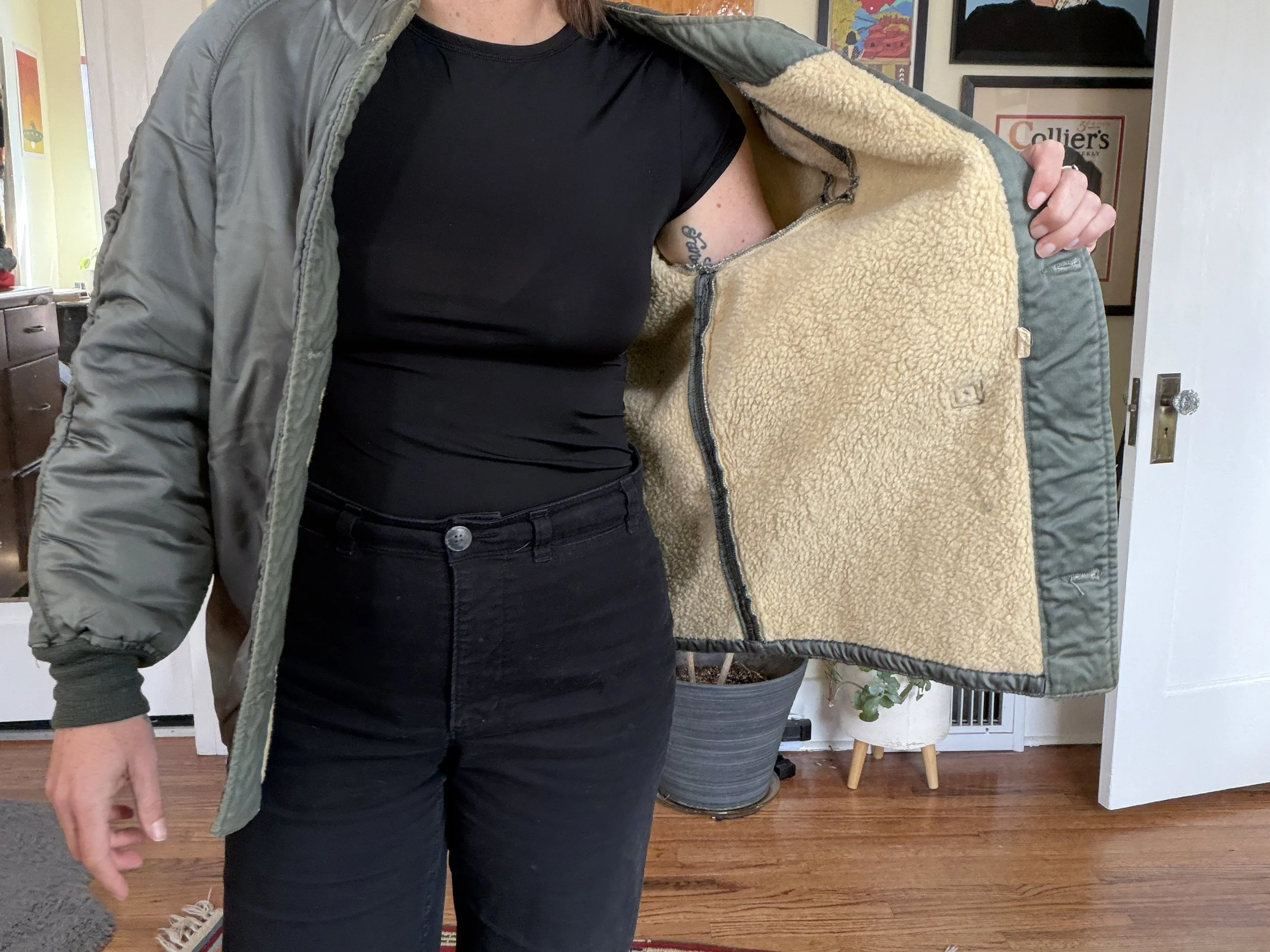 Vintage  Military Mens S/M Green Sherpa Fleece Jacket Liner