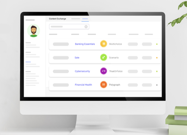 Computer monitor displaying a content exchange interface with categories such as Banking Essentials, Sale, Cybersecurity, and Financial Health, each with icons and labels, on a white desk next to a small stack of books on the right.