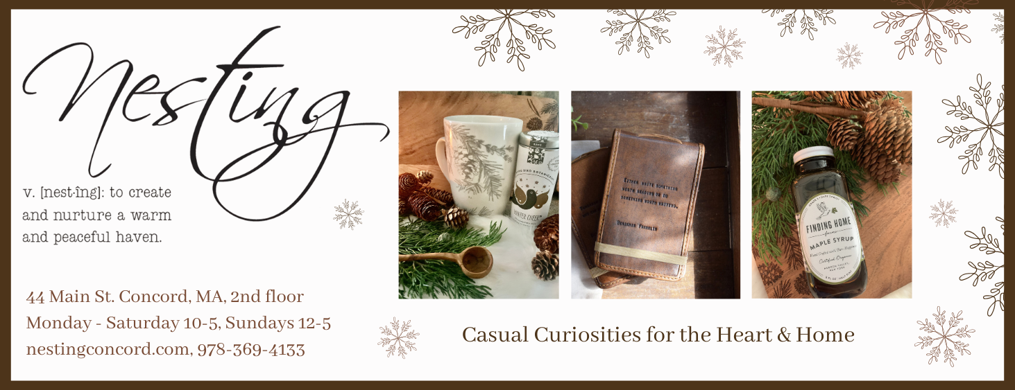A Christmas-themed flyer from Nesting, a store in Concord, MA. Features three photos of seasonal items: a mug and candles, a vintage leather-bound book, and a bottle of maple syrup. Decorated with snowflakes and pine branches. Includes store address,
