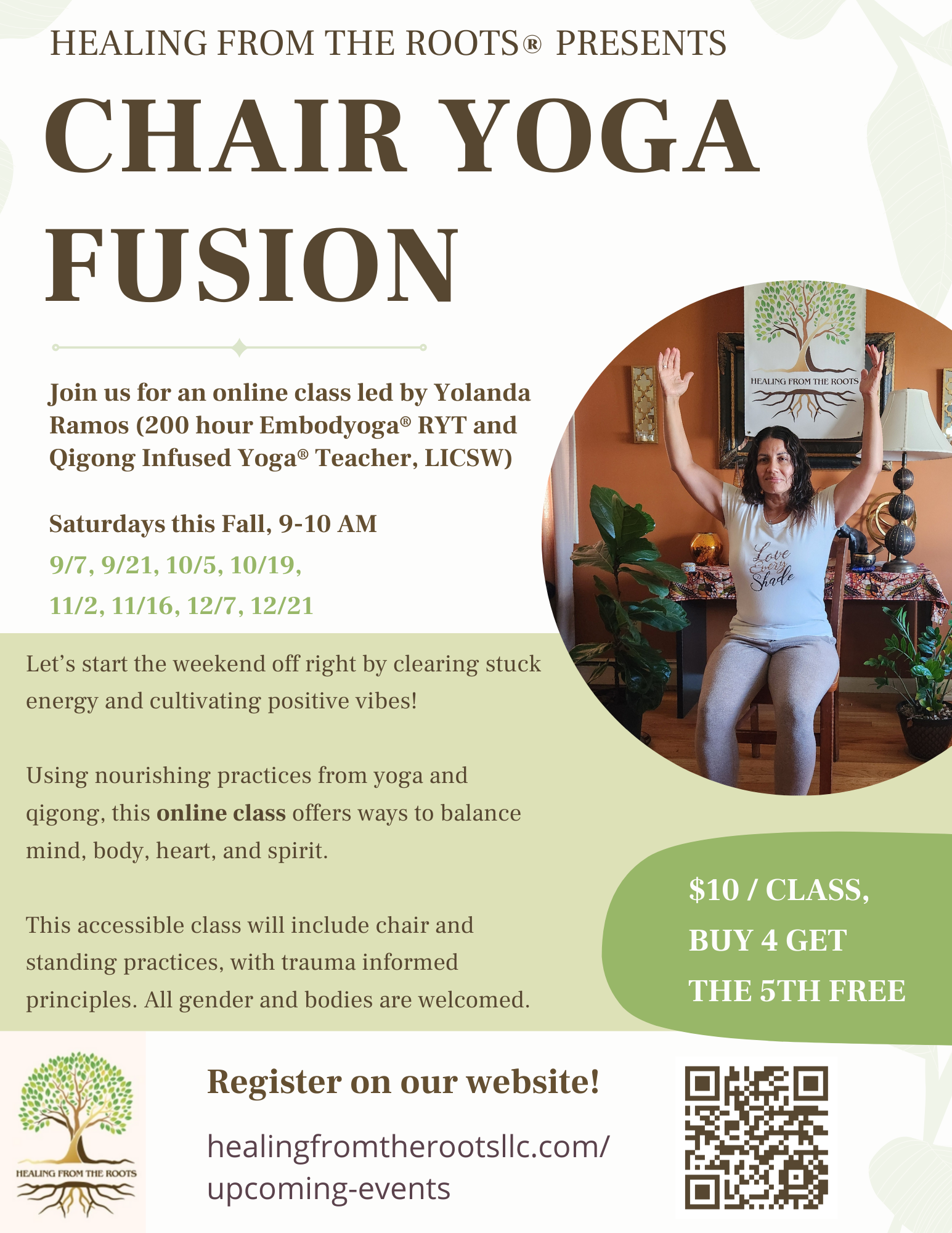 Flyer for online chair yoga fusion classes, led by Yolanda Ramos, with class dates, description, pricing, and registration information, including a woman practicing yoga seated with arms raised.