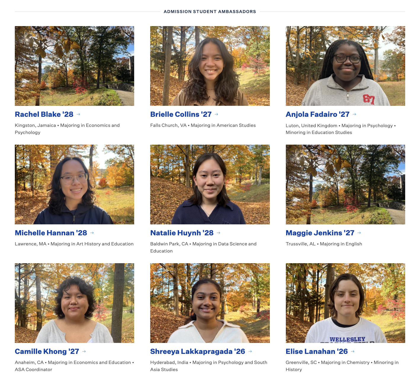 Group photo of nine students from an admissions event outdoors with trees and fall foliage, arranged in a grid with names, graduation years, hometowns, and majors.