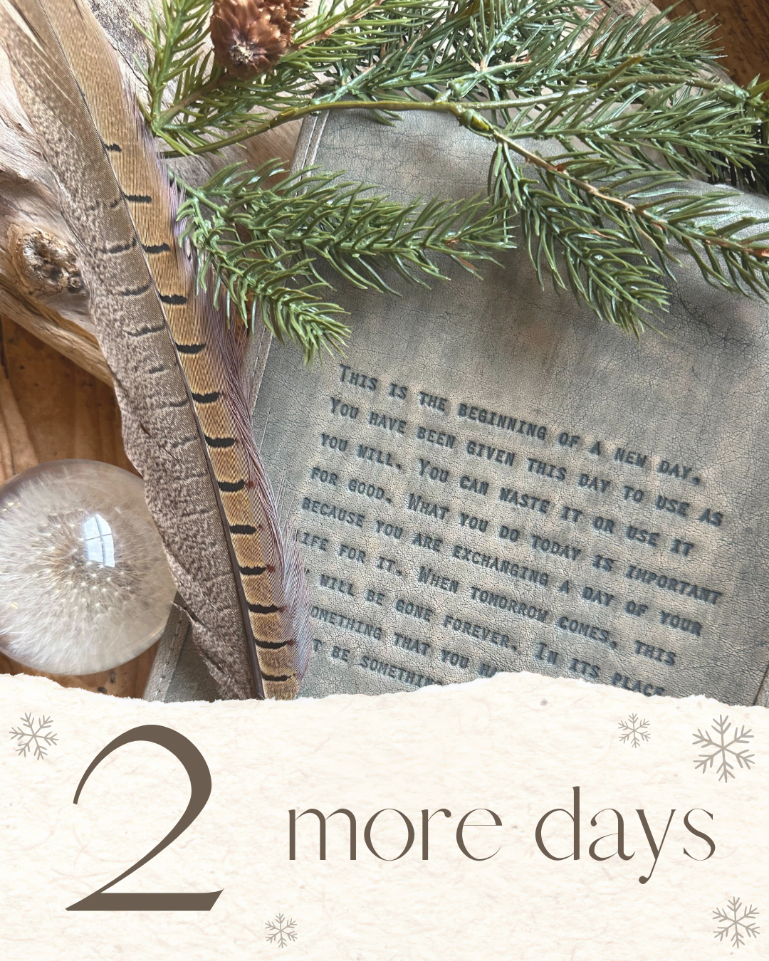 A decorative scene with a handwritten note on textured paper, pine branches, a feather, a mushroom, and a wooden background. Overlay text reads '2 more days' with snowflake accents.