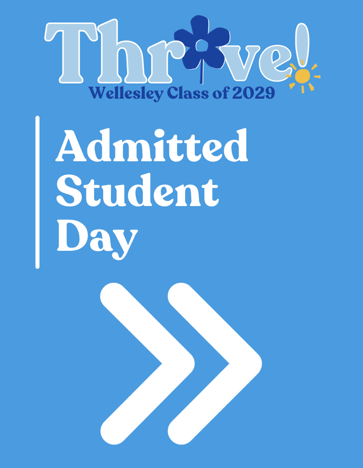 Blue poster celebrating Wellesley Class of 2029 with the words "Thrive!" and "Admitted Student Day," featuring a flower, a sun icon, and double arrows.