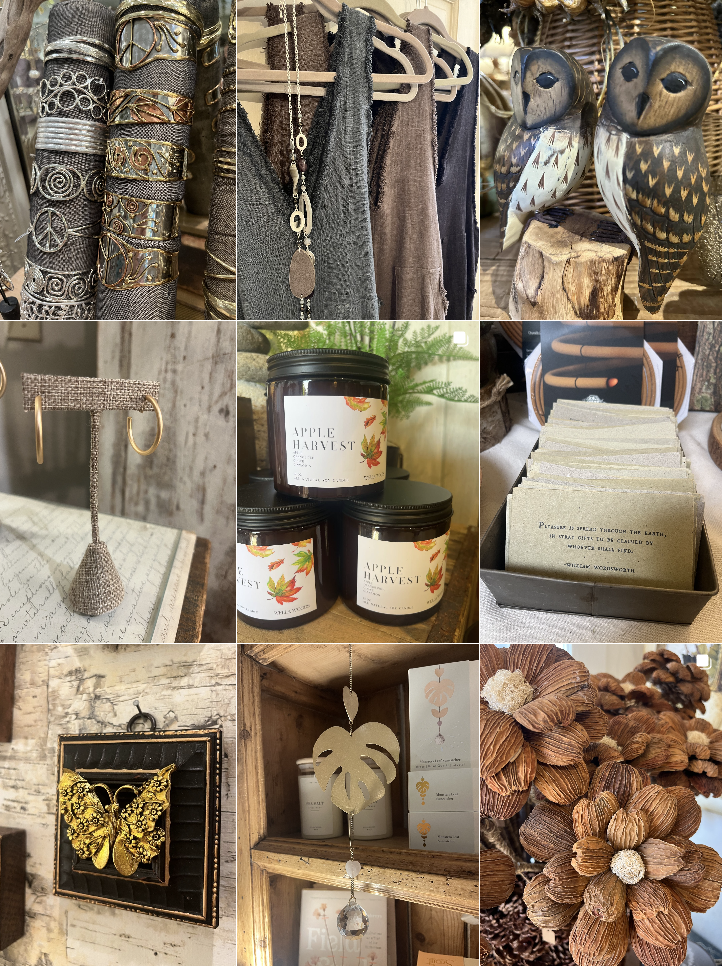 A collage of various decorative and household items including jewelry, clothing, wooden bird figures, a jewelry stand, candles labeled 'Apple Harvest,' stationery, a butterfly decor, a leafy ornament, and dried flowers.