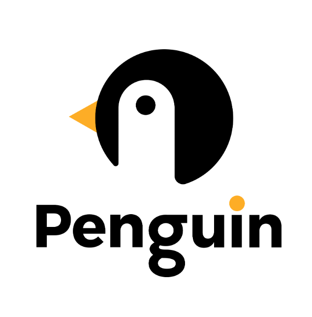 Logo of a stylized penguin head with black body, white face, orange beak, and black dot eye, above the word "Penguin" with a small orange dot over the "i".