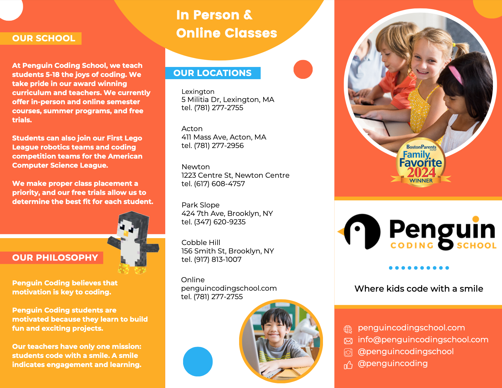 Brochure for Penguin Coding School with orange, yellow, and white design elements. Features a group of children using tablets, a smiling boy in a classroom, and a pixel art penguin mascot. Includes contact information and location details for differe