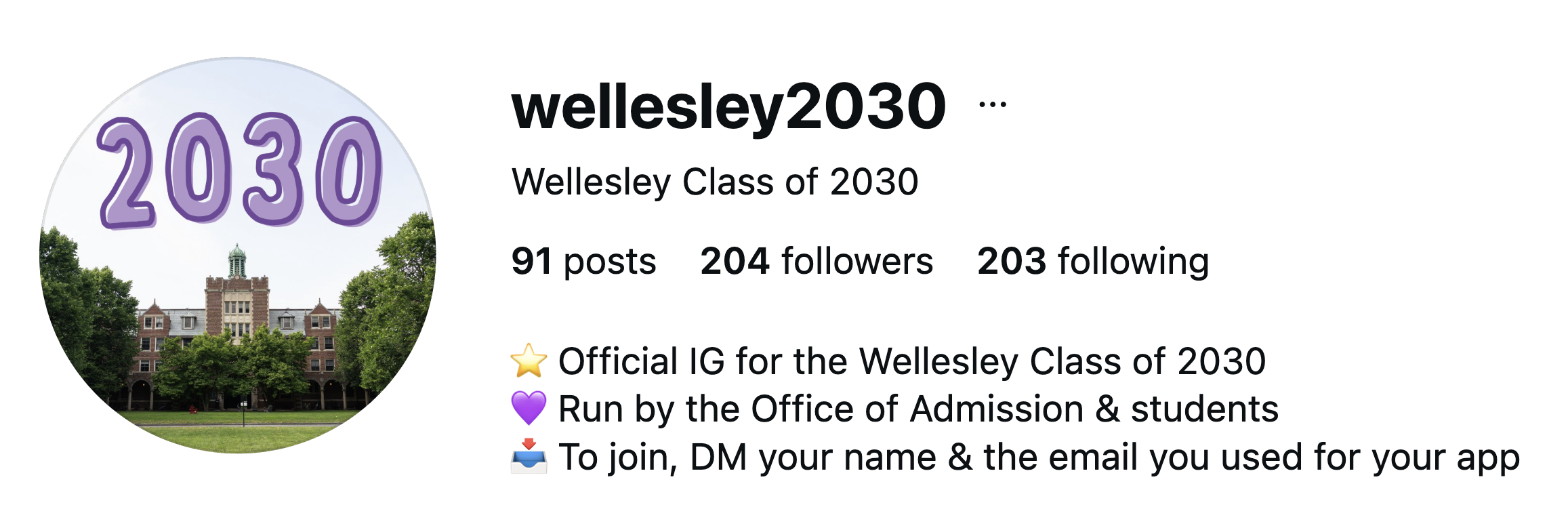 Instagram profile for Wellesley Class of 2030 with a university building and trees in the profile picture, and a description indicating it is the official group for students, with instructions to DM for membership.