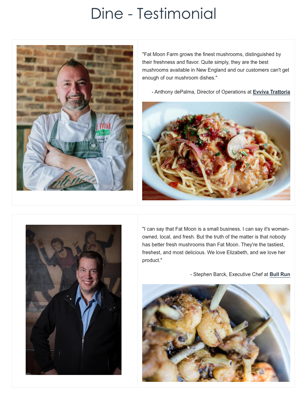 Testimonial section with photos of two chefs and their dishes. Top left: a male chef in a white coat and apron with a brick wall background. Top right: a bowl of pasta with vegetables in a white dish. Bottom left: a male chef in a dark jacket with a mural background. Bottom right: close-up of a dish with skewered grilled meat and other ingredients.