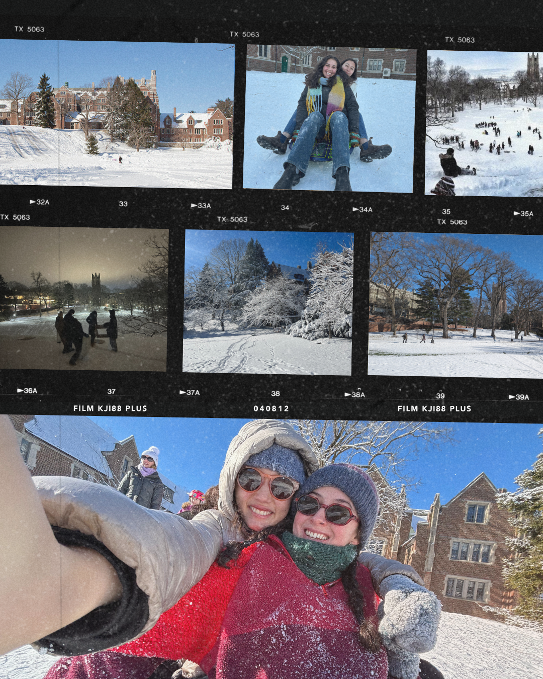 A contact sheet of snowy winter scenes at a university campus, including students playing in the snow, trees covered in snow, and welcomes with historic buildings in the background, ending with a selfie of two smiling women in winter clothing outdoor