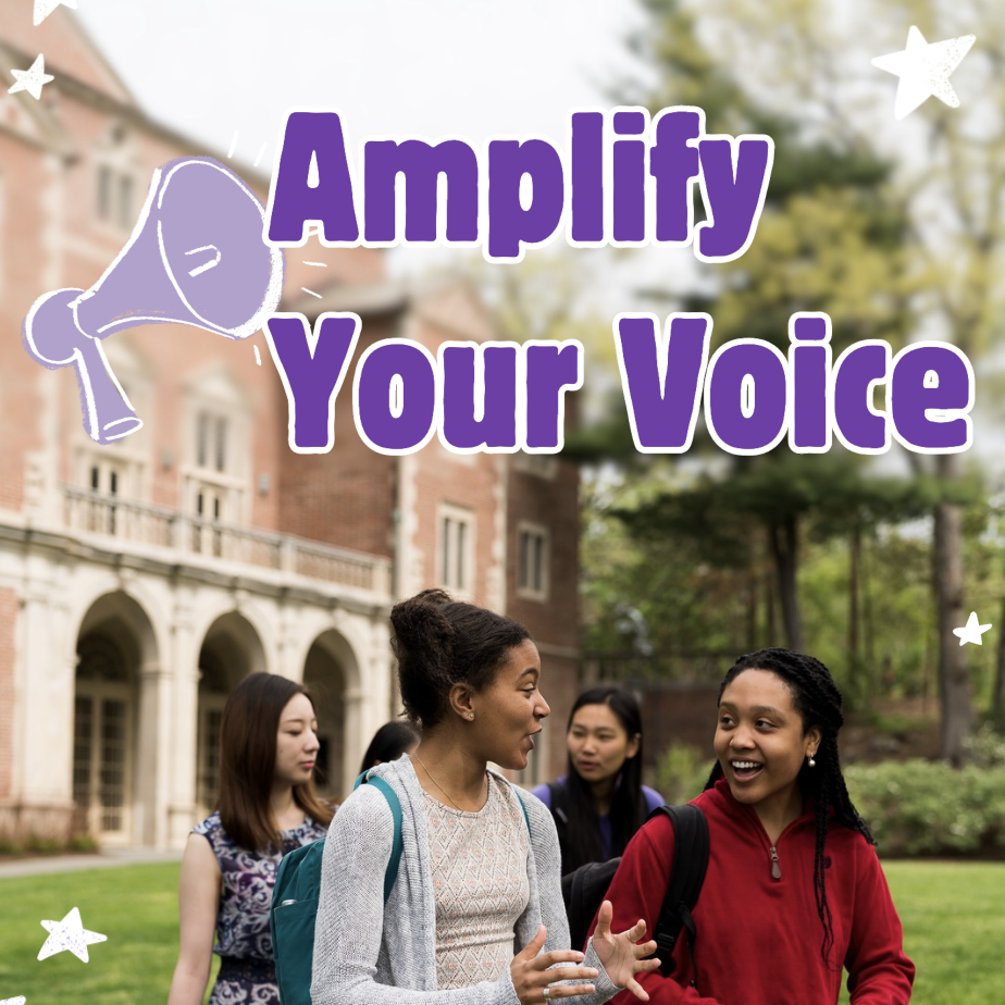 Group of young women talking outdoors on a college campus, with a large brick building in the background and trees, overlaid with the text 'Amplify Your Voice' and a megaphone illustration.
