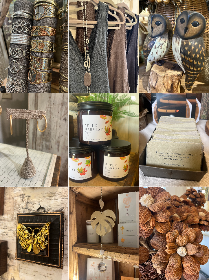 A collage of nine images including jewelry displays with bangles and bracelets, clothing on hangers, decorative wooden owl figurines, jewelry on a stand, jars labeled "Apple Harvest," a tray with small cards, a butterfly wall hanging, a leaf-shaped ornament with hanging crystals, and pinecones.