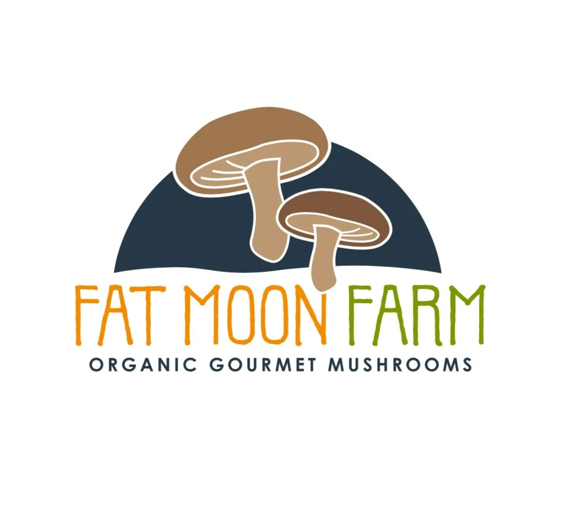 Logo for Fat Moon Farm featuring two illustrated mushrooms with the farm name and the description 'Organic Gourmet Mushrooms'.