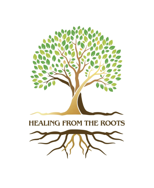 A tree with green leaves and exposed roots, with the text 'Healing from the Roots' beneath it.