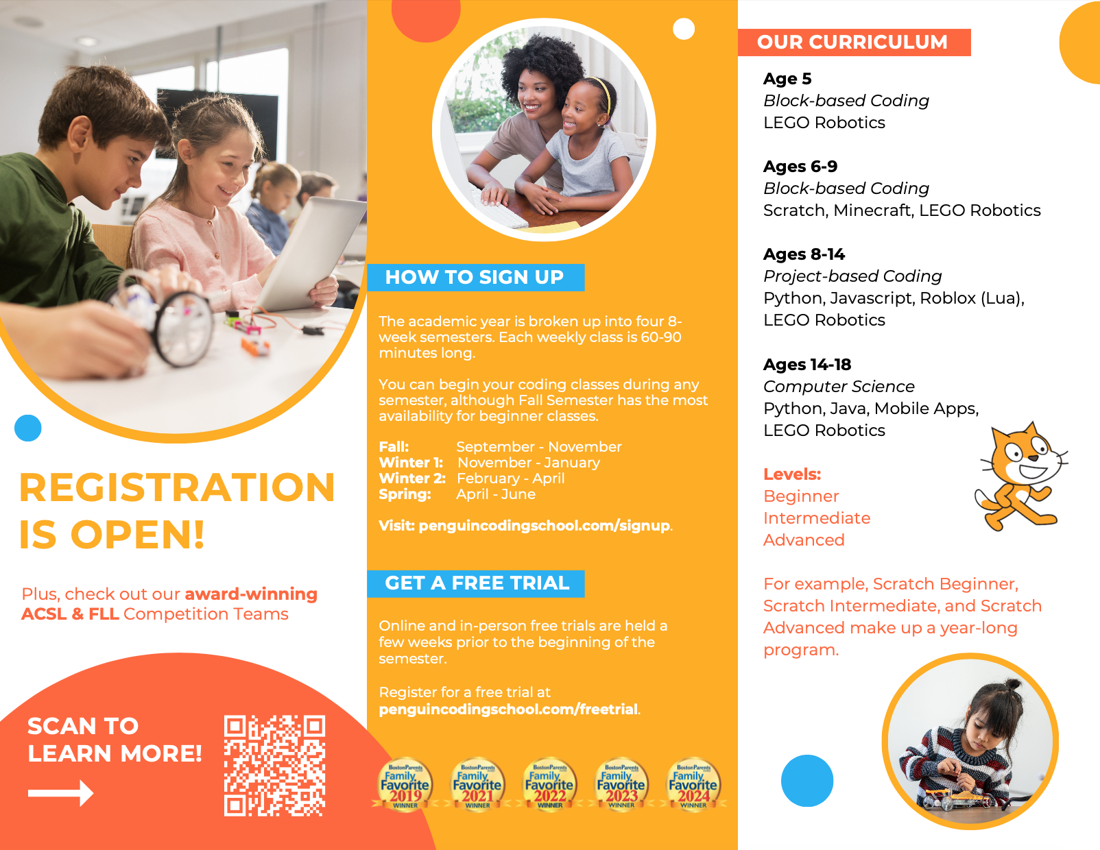 Flyer for a coding school featuring a picture of kids working with robotics and a child playing with a robot car. Text details age groups, curriculum, registration, and free trial info.