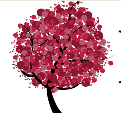 Illustration of a cherry blossom tree with pink and red circular leaves and black branches.