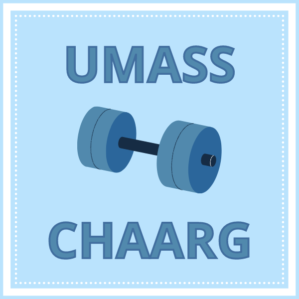 An illustration of a dumbbell with the words "UMASS" above and "CHAARG" below, on a blue background.