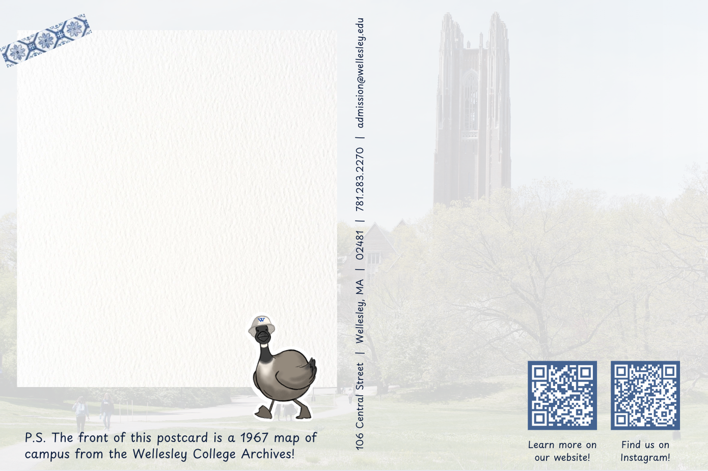A postcard featuring a faint image of a tall college tower, a cartoon goose mascot with a blue cap, QR codes, and text about Wellesley College archives in Wellesley, Massachusetts.