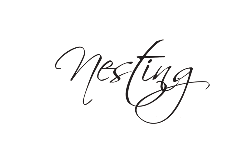 The word 'Nesting' written in elegant, cursive script on a white background.
