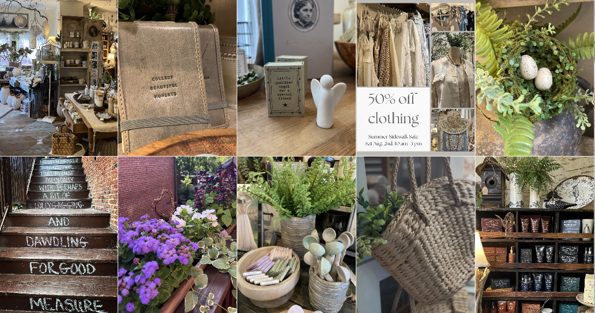 collage of various home decor and shop items including a cozy interior with shelves, notebooks, decorative figurine, clothing rack with garments, plant with eggs, stairs with written quote, flower arrangements, potted plants, woven bags, and shelves