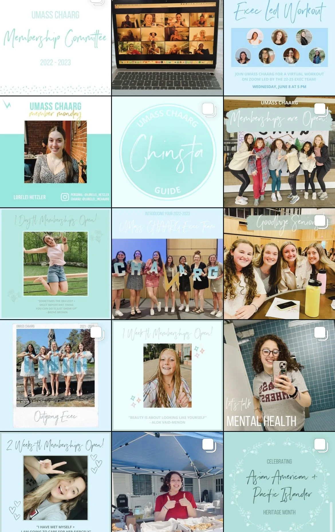 A collage of social media posts and photos related to UMASS CHAARG membership, events, and young women, including group photos, selfie, and graphics about virtual workouts, opening memberships, and Asian American and Pacific Islander Heritage Month.