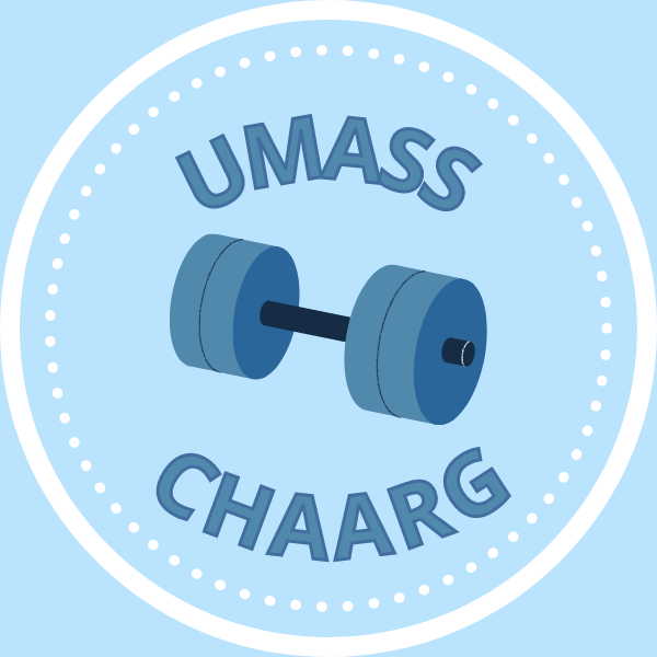 A logo for UMASS CHARG, featuring a blue dumbbell in the center surrounded by the text 'UMASS' above and 'CHARG' below, on a light blue background.