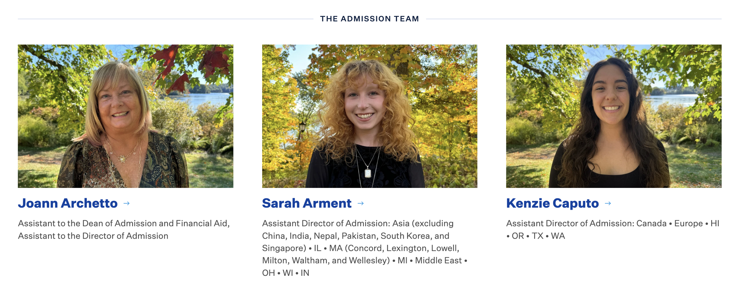 Photograph of three women's headshots on a scenic outdoor background with trees and a body of water. The first woman has blonde hair, the second has curly red hair, and the third has long dark hair. Each woman's name and job title are listed below their photo.