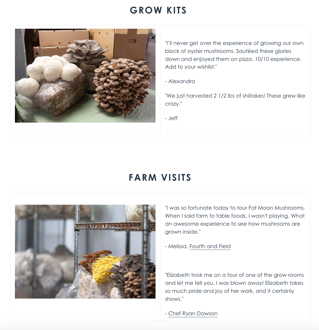 Photos of mushroom grow kits and farm visits, including clusters of mushrooms and a farm setting with mushrooms on shelves.