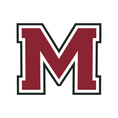 Maroon letter M with black and white outline on a white background.