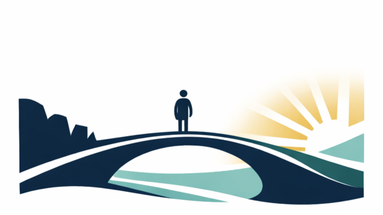 Silhouette of a person standing on a stylized bridge with abstract landscape elements and a sunrise or sunset in the background.