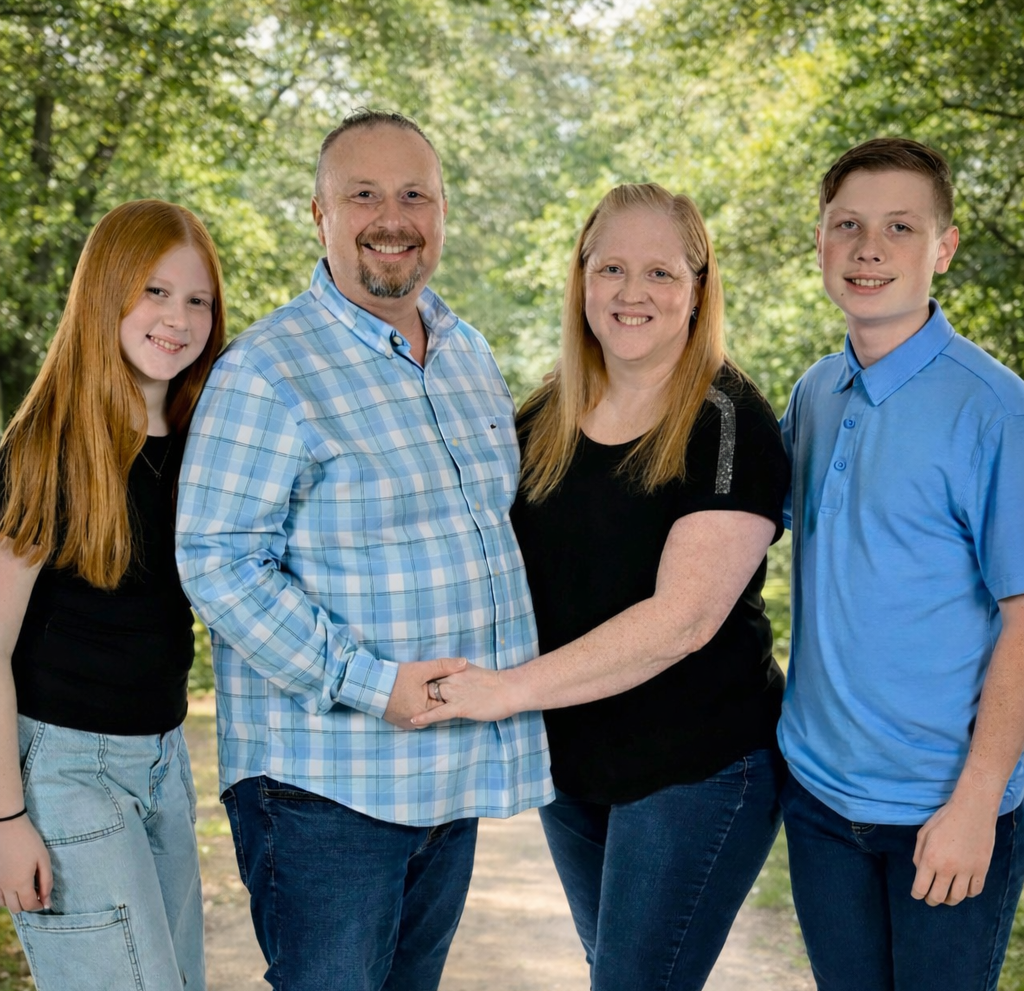 Family of four smiling outdoors, holding hands, with trees and sunlight in the background.
