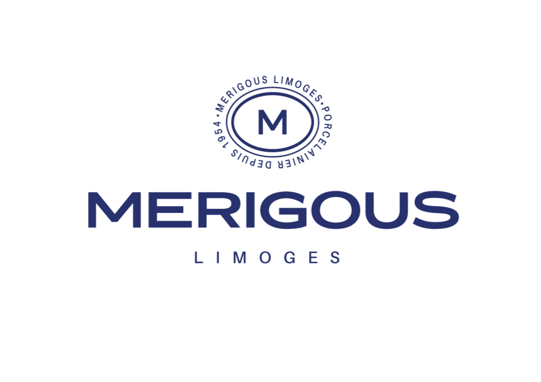 Logo de la société Merigous Limoges, comprenant un cercle avec le texte 'Procédures d'usage limitée 1964' et une lettre 'M' au centre, le nom 'MERIGOUS' en lettres majuscules, et 'LIMOGES' en dessous.