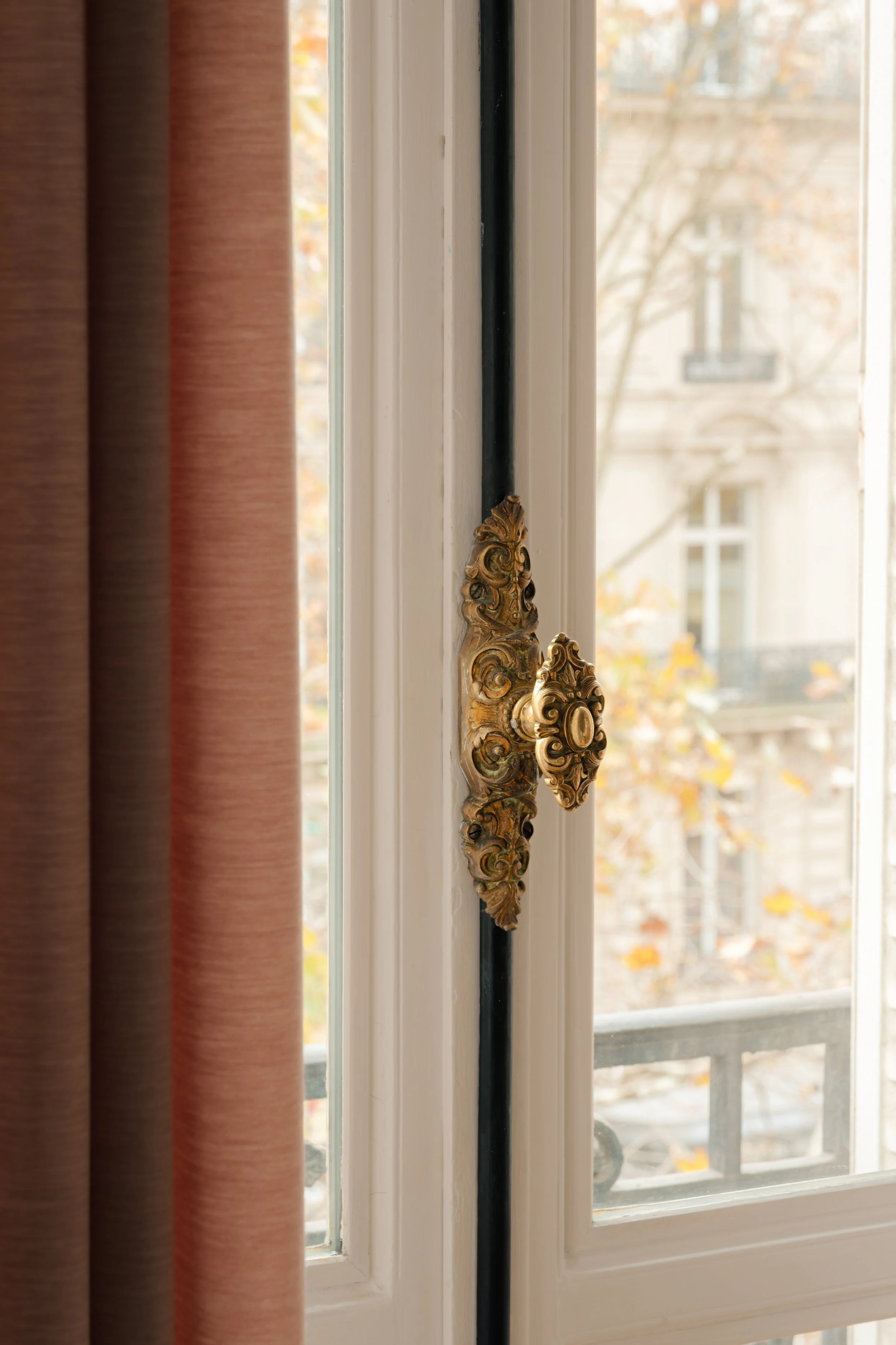Vue d'une fenêtre avec un rebord blanc, décorée d'une poignée en or ornée de motifs. Un rideau marron est partiellement visible à gauche. À l'extérieur, on voit un bâtiment et des arbres avec des feuilles jaunes.