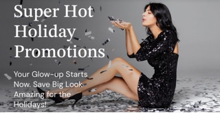 Woman sitting on the floor with holiday promotion text in the background