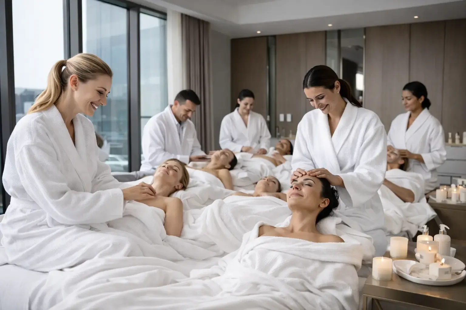 Spa therapists giving facial treatments to women in a luxurious spa room.