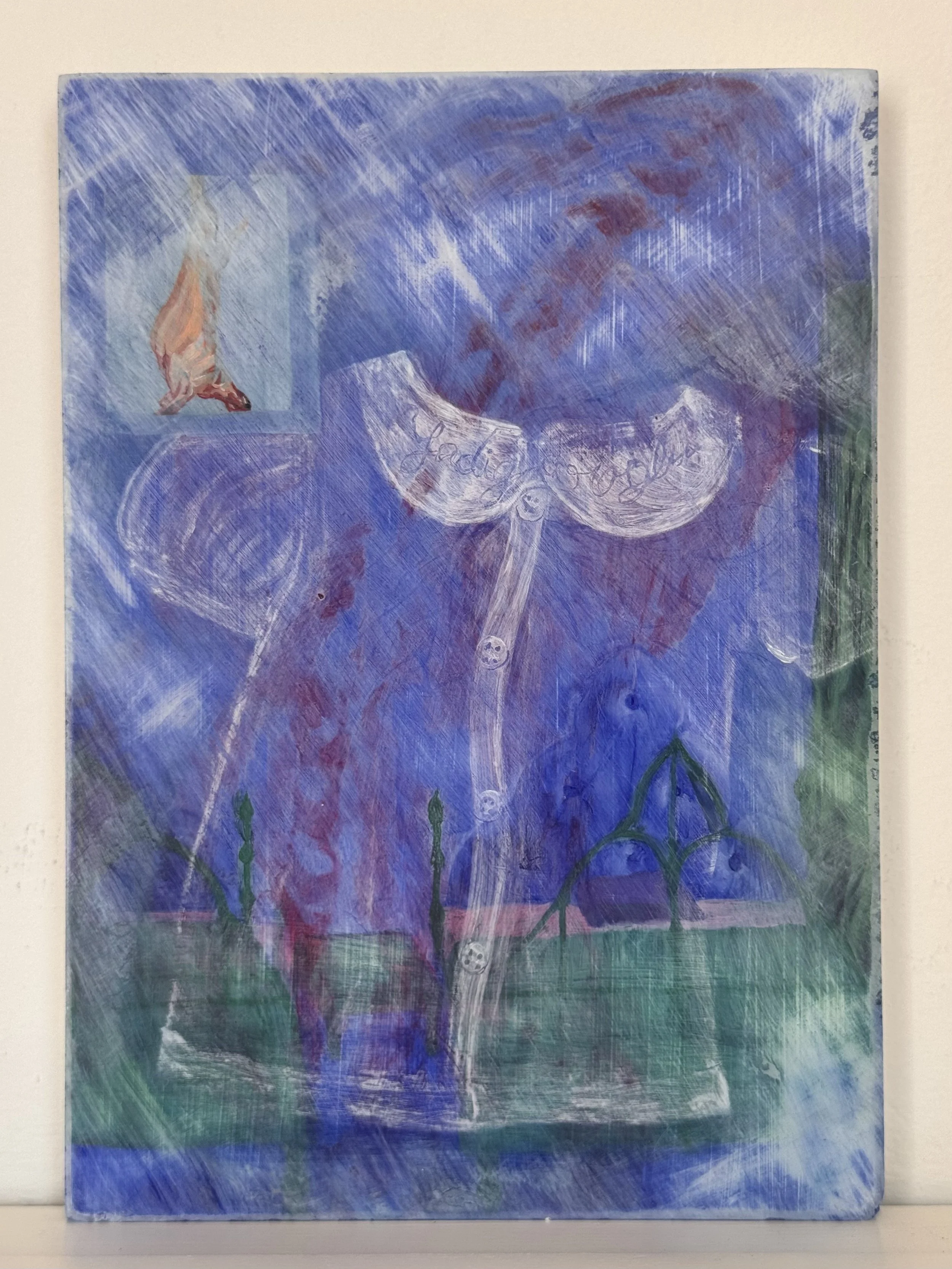 Little Lamb. 2026 | Oil and sandpaper on found construction marble slab