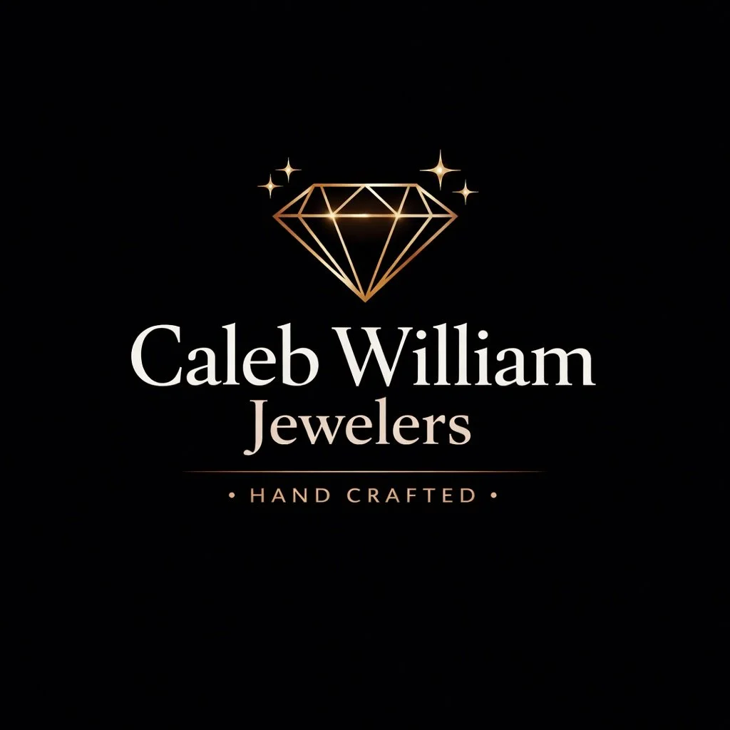 Black background with a gold diamond icon, white text says 'Caleb William Jewelers,' and in smaller font below, 'Hand Crafted.'