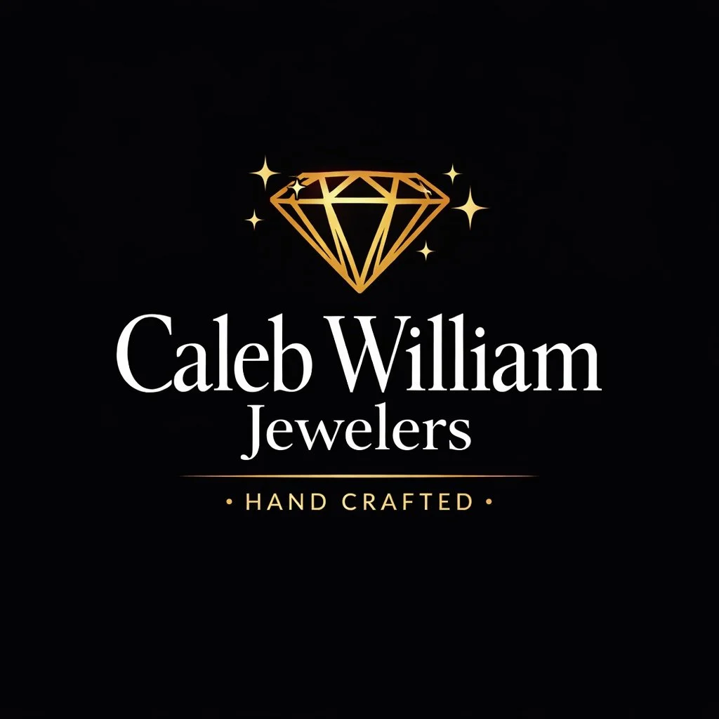 Logo for Caleb William Jewelers featuring a gold diamond icon, with white text on a black background indicating the brand name, jewelry focus, and hand-crafted quality.