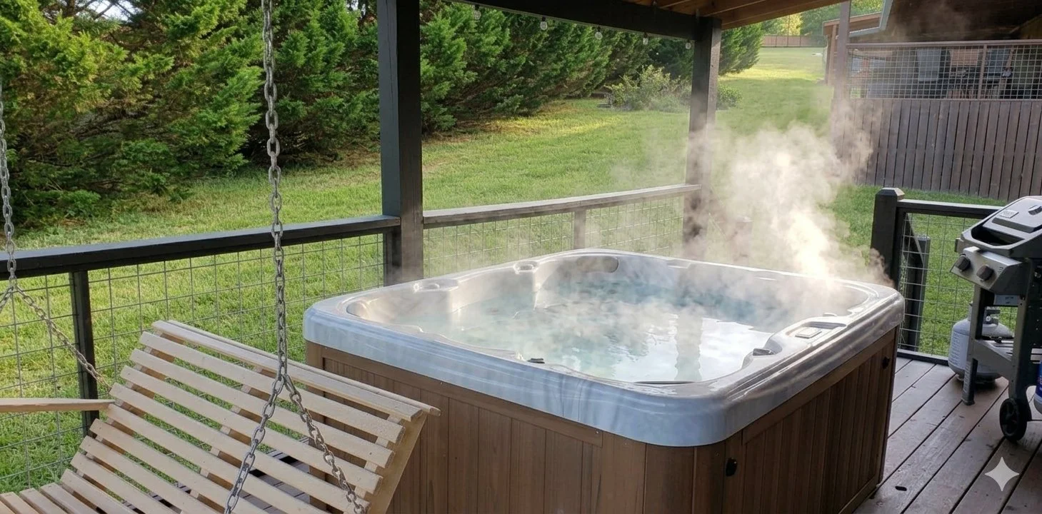 Blairsville Cabins with Hot tub on a wooden deck emitting steam, surrounded by a black railing, with a wooden swing and greenery in the background.Copperhead Lodge & Resort cabin rentals. Blue Ridge best value cabin rentals