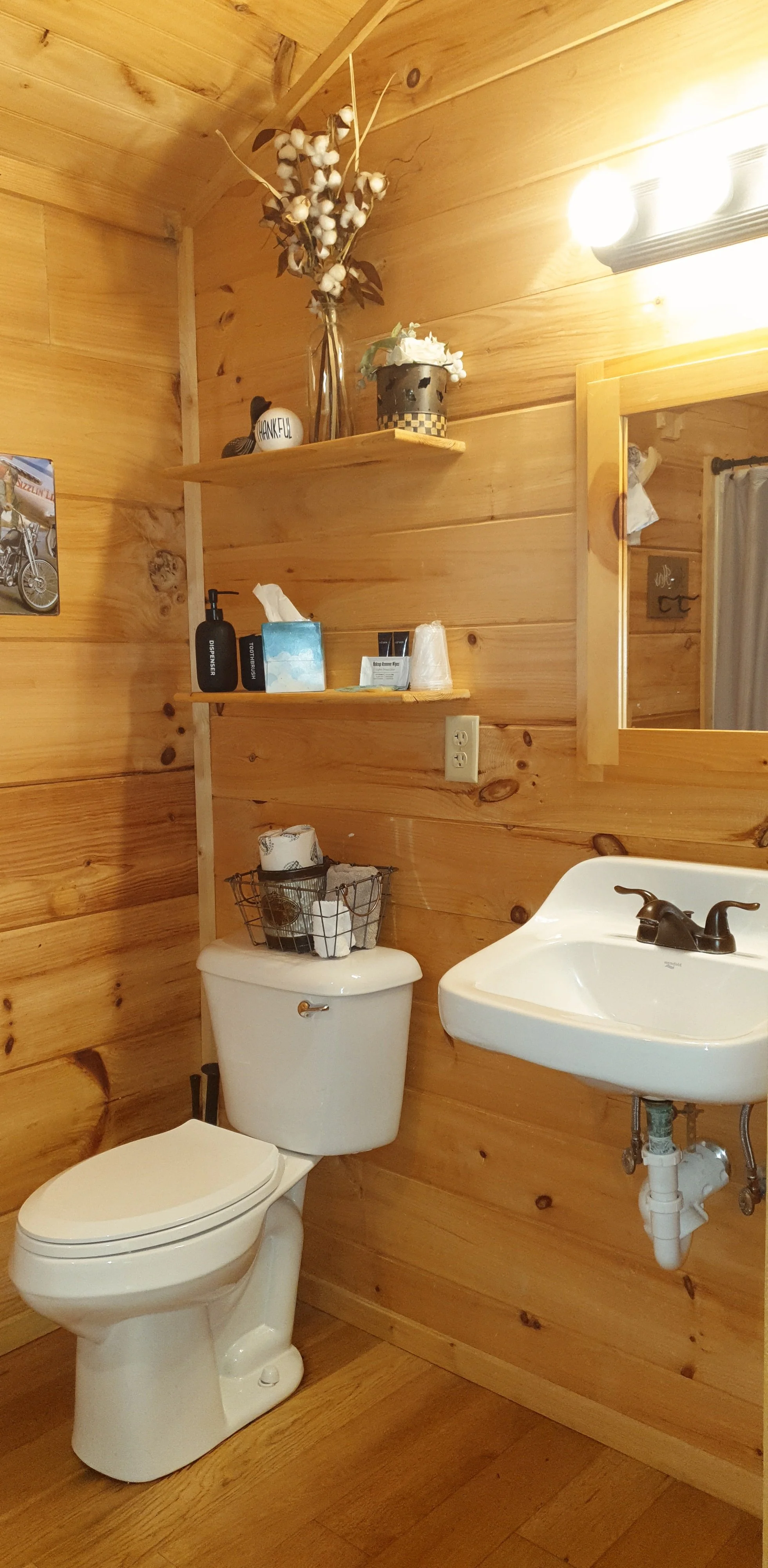 Blairsville, GA Cabins for rent. Bathroom with wood-paneled walls, a toilet with a wire basket on top, a small wall-mounted sink, a mirror, and shelves with decorative items and toiletries.